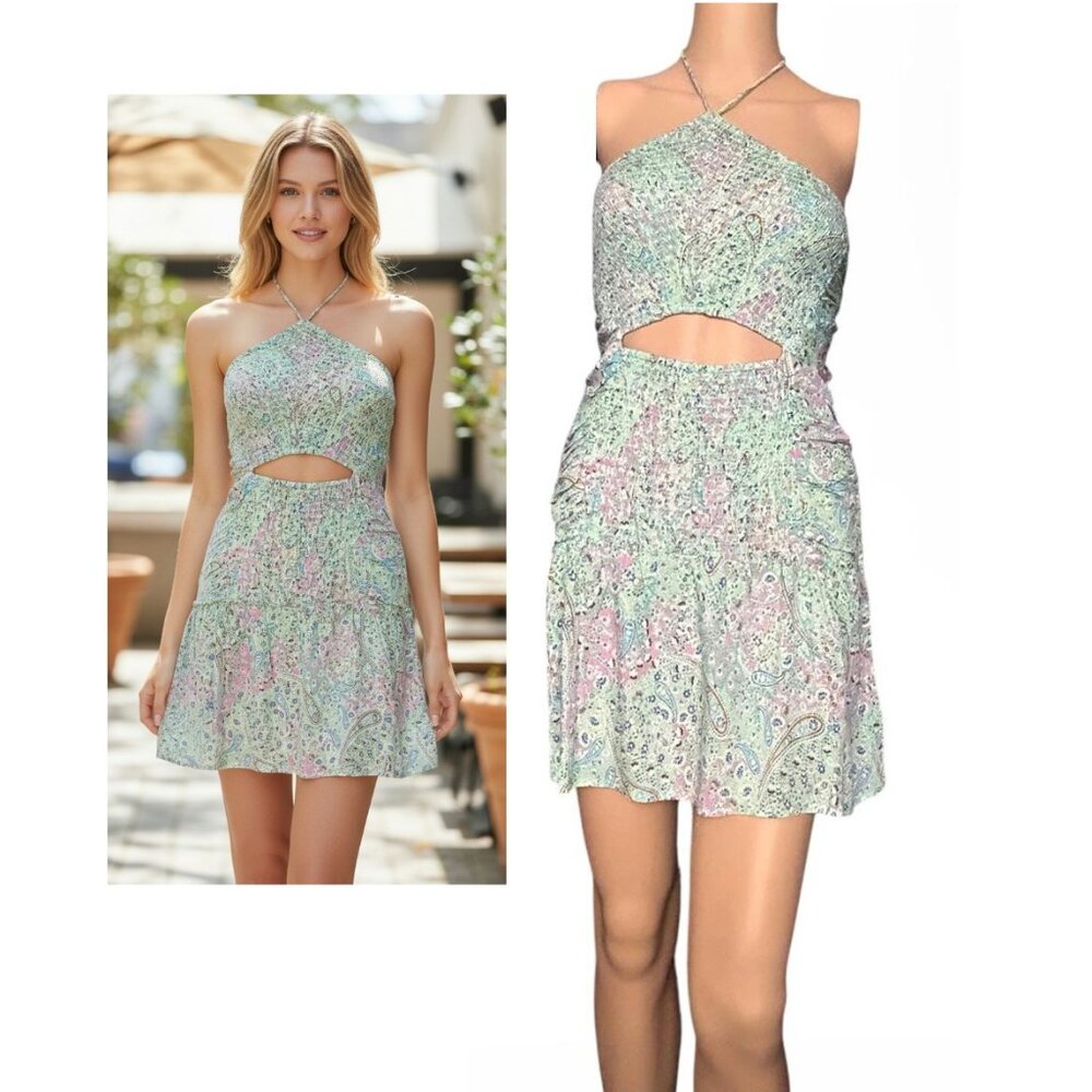 Sky to Moon Aqua Floral Cut Out Mini Dress Size Large NWOT